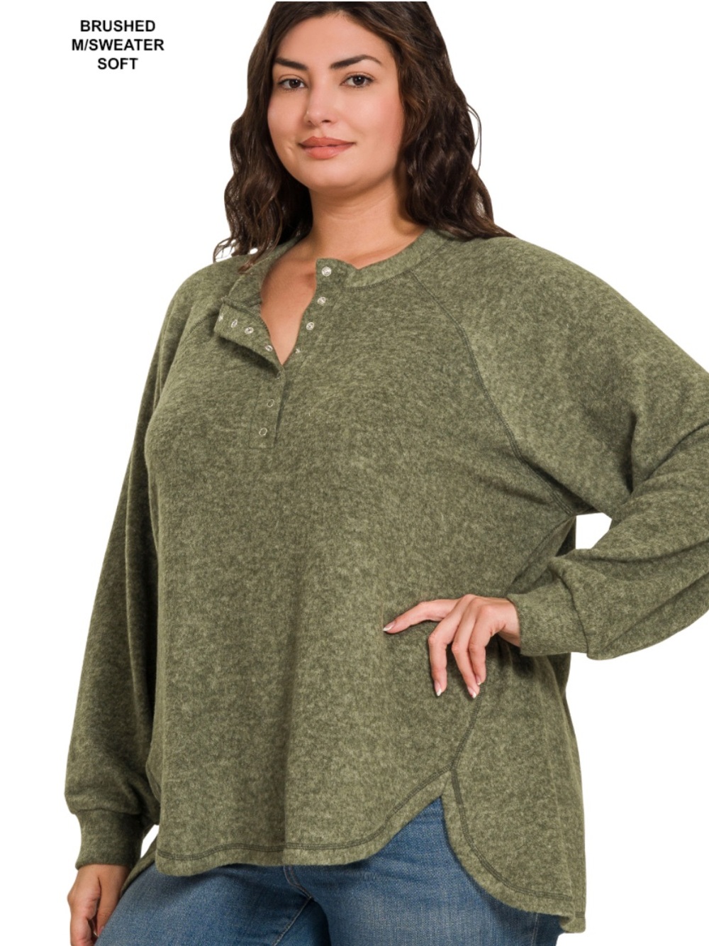 Zenana Olive Green Hacci Cozy Soft Henley Long Sleeve Top